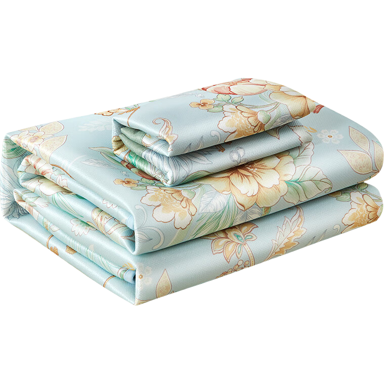 FUANNA Ice Silk Cooling Mat with Printed Pattern, Soft Fitted Sheet Set for Double Bed, Three Pieces, Blue, 1.8*2 Meters [Washable]