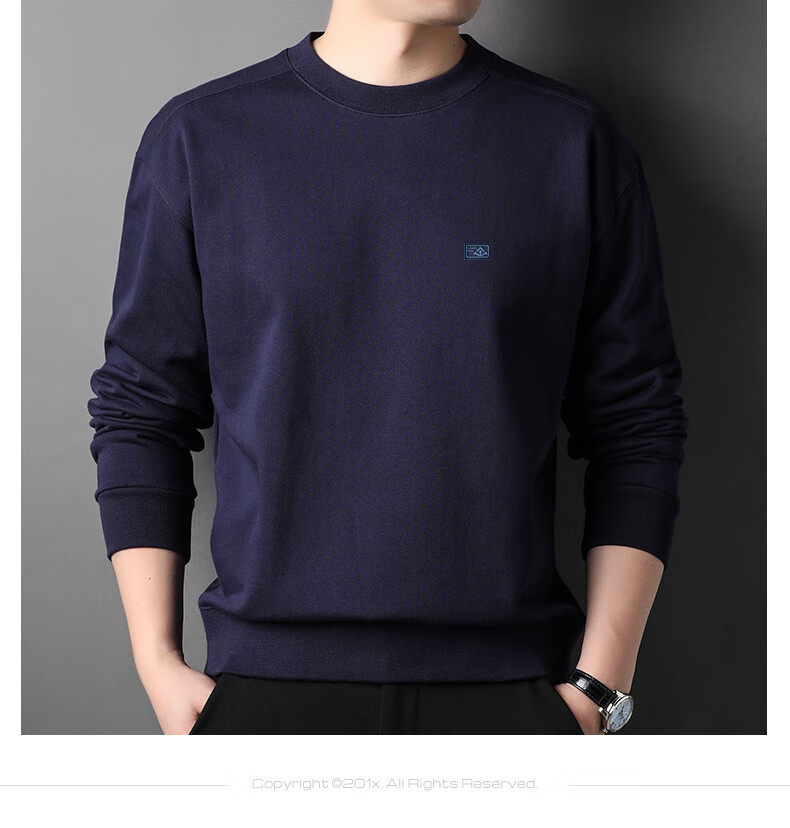 Hengyuanxiang 100% Cotton Men's Crewneck Pullover Sweatshirt Heavyweight Casual HJ168 Navy Blue S 6