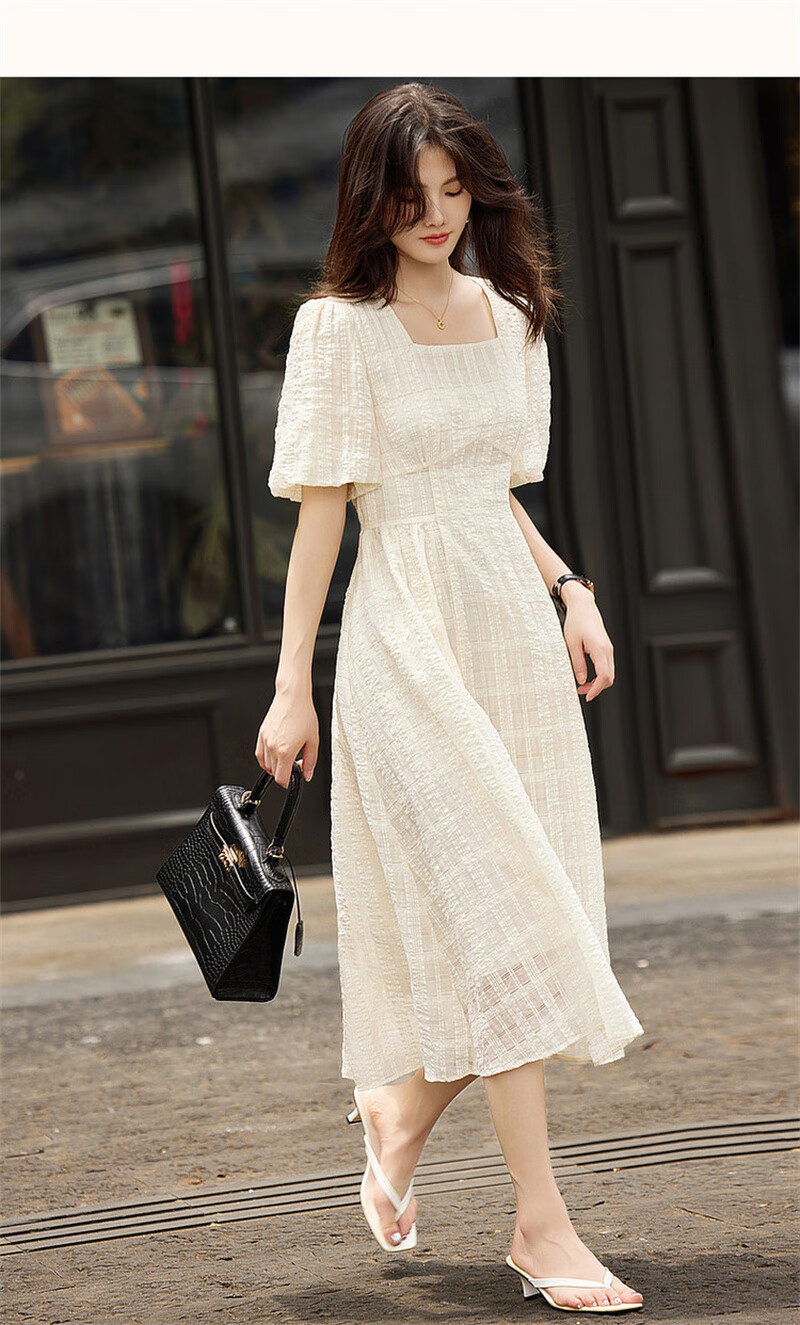 Dme [Commuter Cotton Bright Silk Umbrella Skirt], Summer Style Square Neck Waist-Cinching Puff Sleeve Dress, Long Women's Dress 15