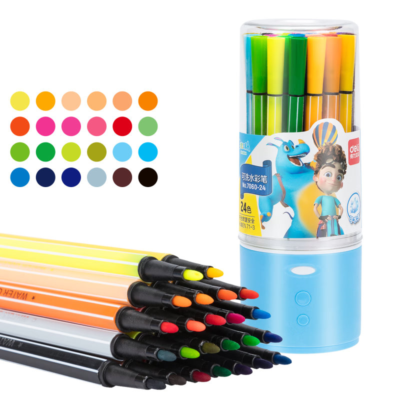 Deli 24-Color Hexagonal Fine-Tip Watercolor Markers for Children, Washable Student Drawing Rainbow Tube Art Doodle Blue Girl Children's Watercolor Pens Graduation Gift for Boys And Girls