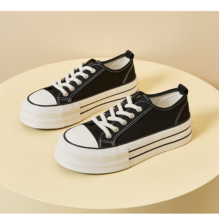 ZHR Canvas Shoes for Women, Round Toe Lace-Up Thick-Soled Women's Shoes, Simple Versatile Casual Shoes, CS33 Black, Size 37 11