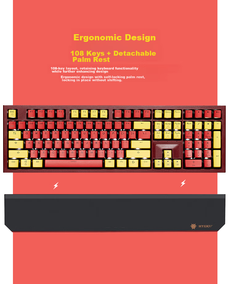 Hyeku X5 Wired/wireless 2.4G Dual-Mode Mechanical Keyboard with 108 Keys, PBT Keycaps, Tequila Sunrise Color, Kehua BOX Sky Blue Switches, with Clip And Wrist Rest 14