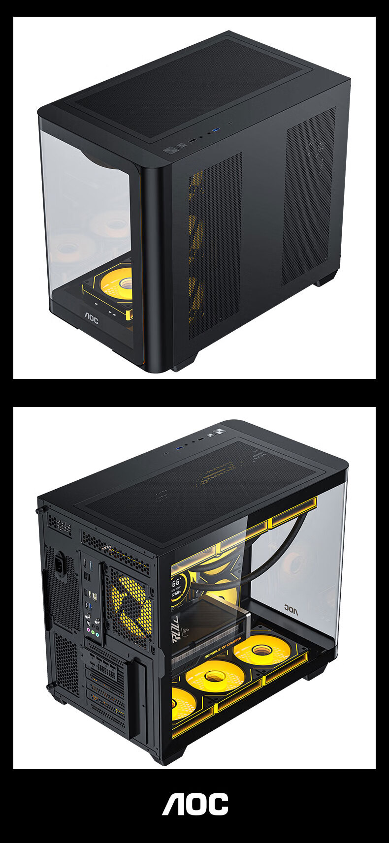 AOC CG455 Black ATX Desktop Computer Case, Integrated Curved Tempered Glass, 10 Fan Positions, 360mm Water Cooling Support, Left And Right Compartment Separation, Quick-Release Desig 8