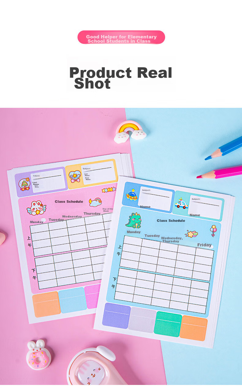 BOJIAO Elementary School Student Self-Adhesive Course Planner for Grades 1-3, Study Schedule Cards, Classroom Subject Arrangement Cards, Children's Curriculum Cards, Learning Self-Discipline Table, Pink, 10 Pieces, Portable 8