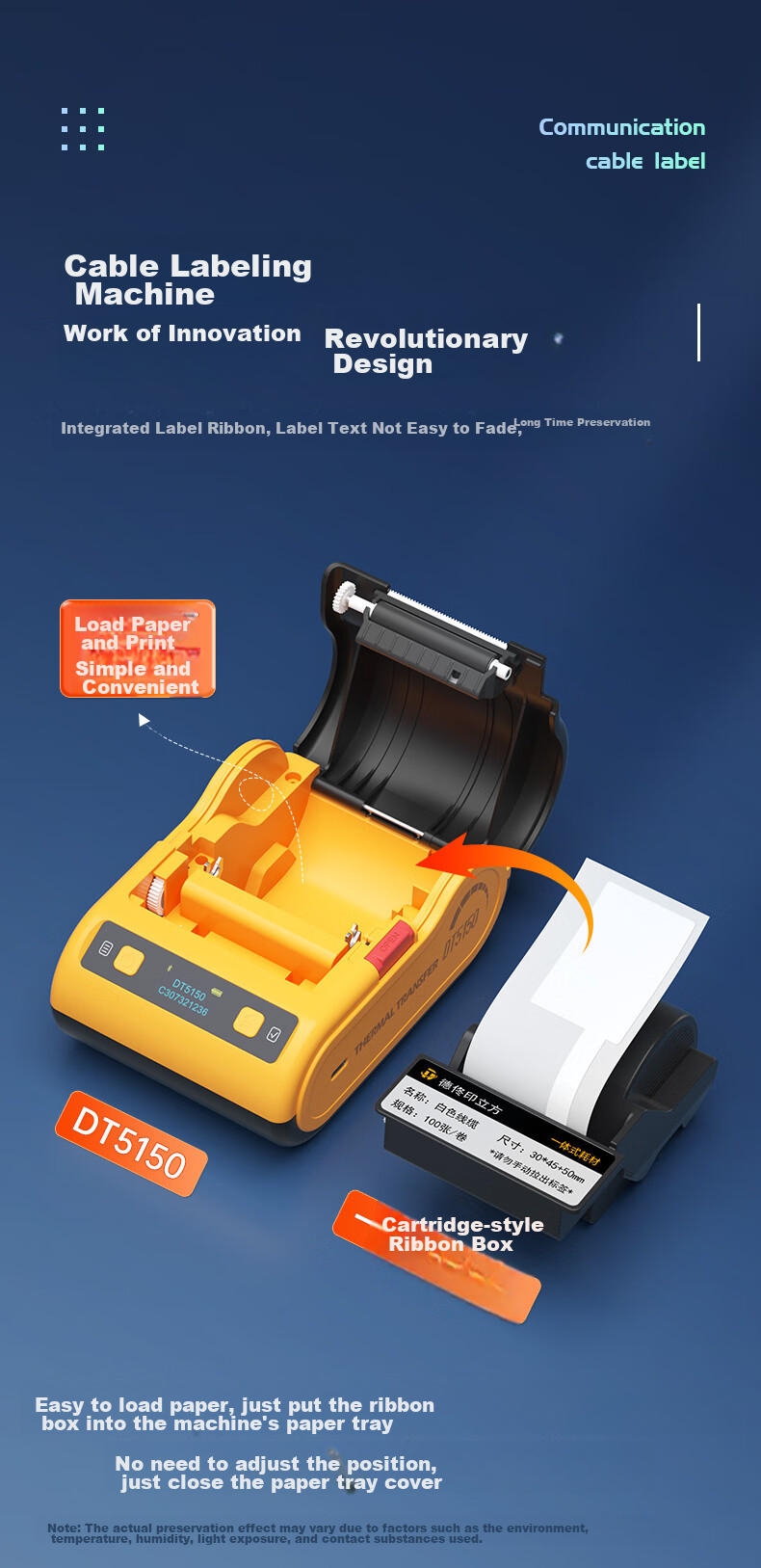 Detong DT5150 Thermal Transfer Cable Label Printer, Communication Room Network Cable Knife-Type Fiber Optic Outdoor Electrical Wire Handheld Portable Ribbon Box Label Machine, Comes with 1 Box of White Cable 2