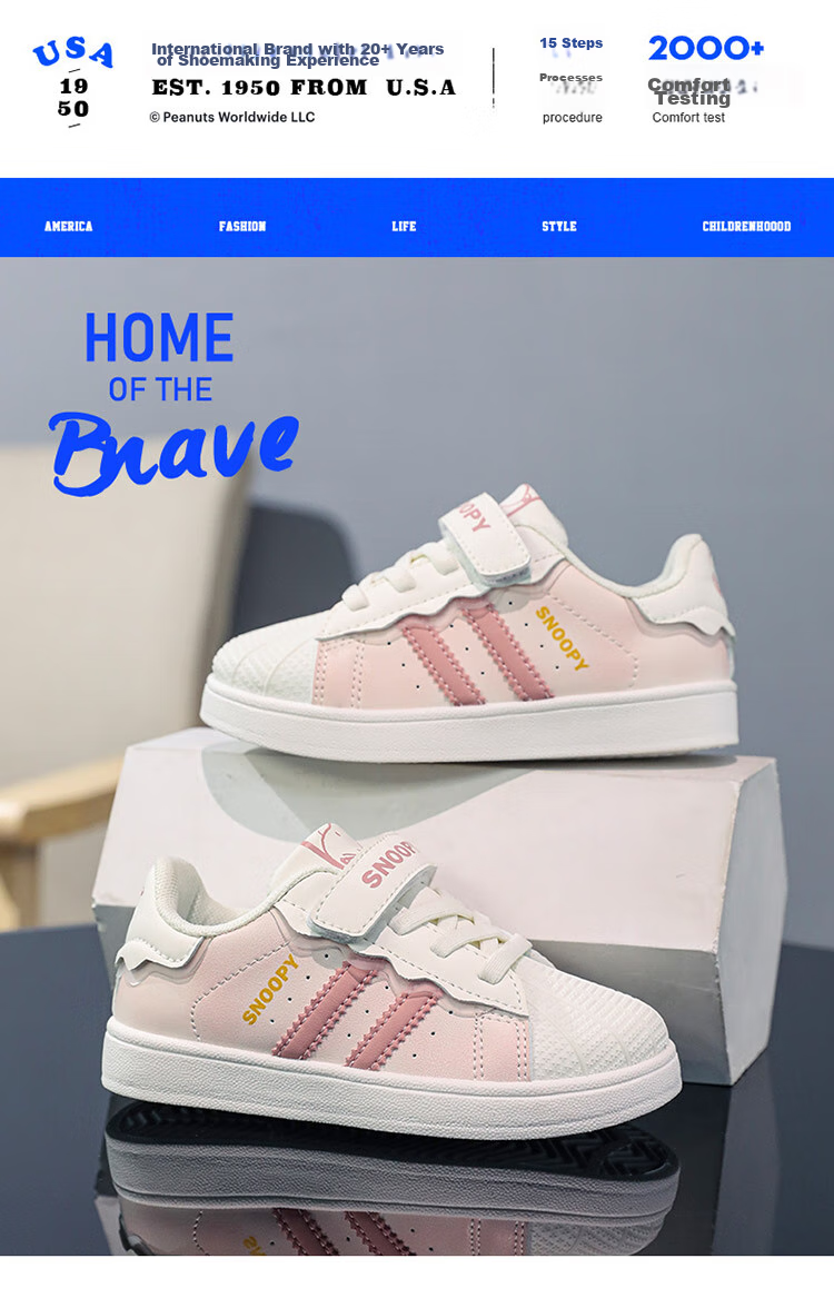 SNOOPY Children's Shoes, Kids' Sneakers for Boys And Girls, Autumn White Shoes, Fashionable Shell Toe Skateboard Shoes, 2008 Pink, Size 28 11