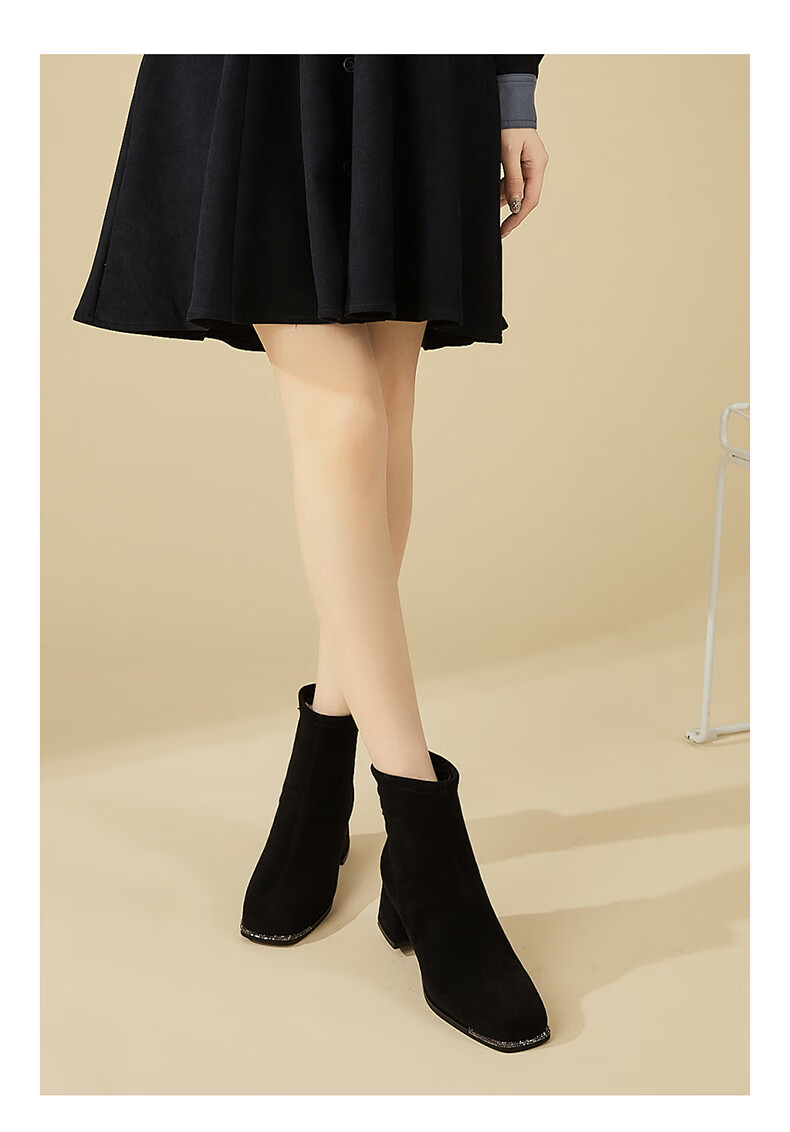 DAPHNE Suede Ankle Boots Women Chunky Mid Heels Slim Winter Fleece French Style Versatile Khaki Fleece Lined Boots Size 37 8