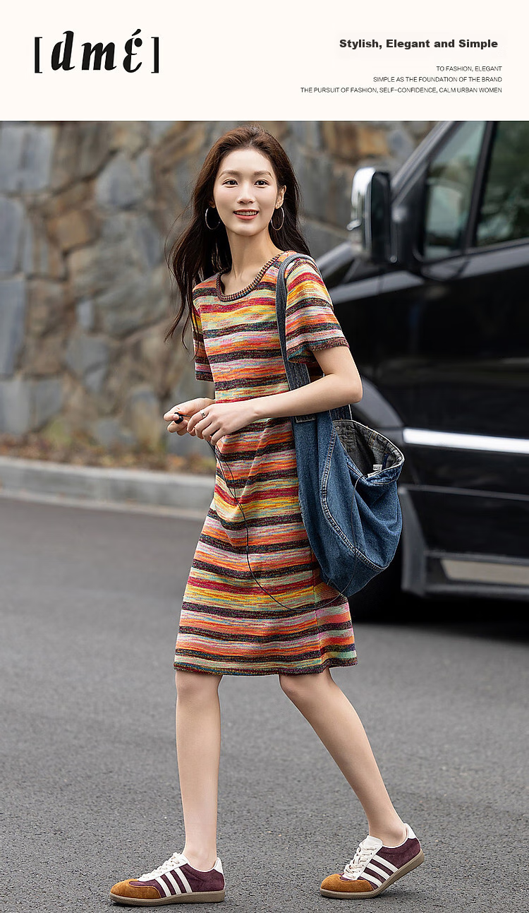 Dme [Gradient Rainbow Dress], Spring And Autumn Vintage Dopamine Stylish Round Neck A-Line Bodycon Comfortable Women's Dress 1