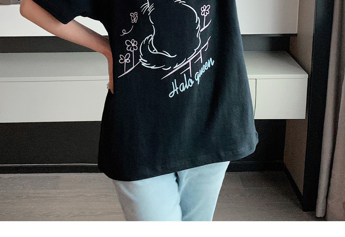 Halo Queen Women's Short-Sleeve T-Shirt, Summer Lightweight Round Neck Tee, American Sweet Cool Cat Print Half-Sleeve Top H143T1409 70