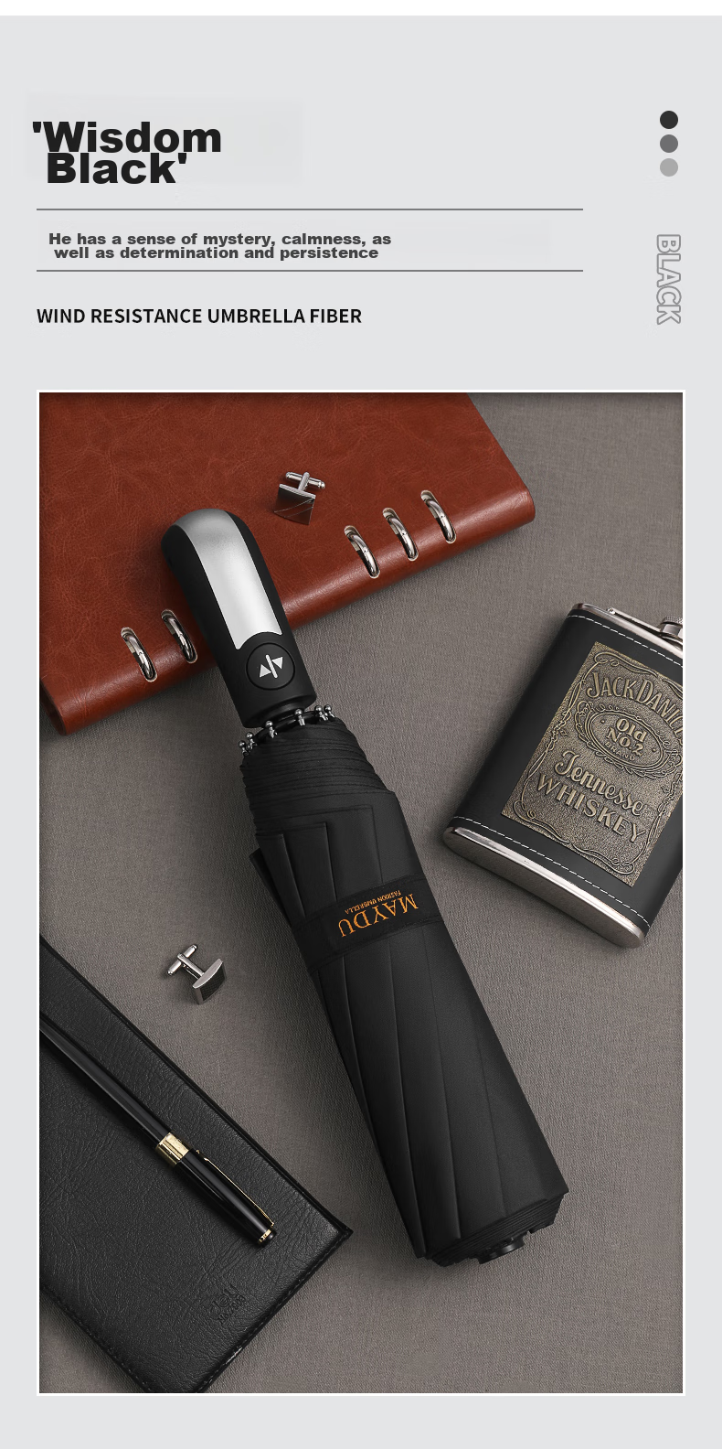 MAYDU Umbrella, Fully Automatic, Large Size, Reinforced, Thickened, Sturdy, Windproof, 10 Ribs, Tri-Fold, M3219 Black 7