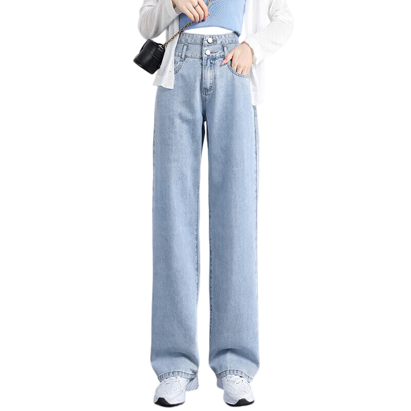 Jeanswest Women's High-Waisted Slimming Straight-Leg Wide-Leg Jeans with Design Flair, Summer Style, Light Blue, Size M