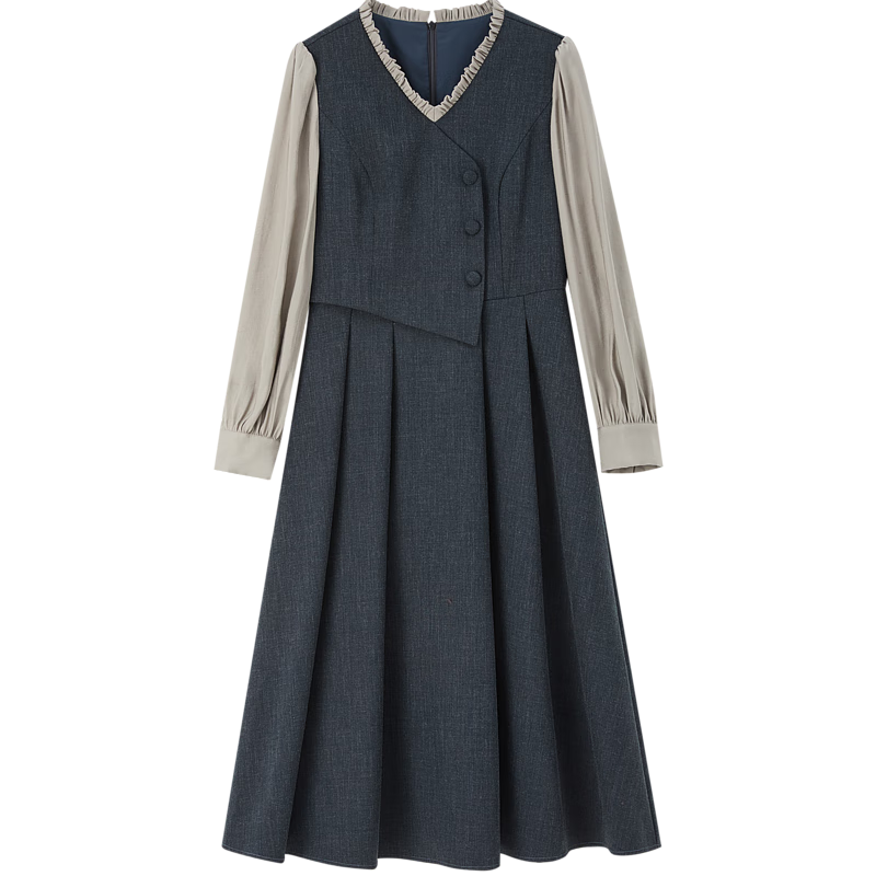 Dme [Ambiance Expert] Spring And Autumn Vintage Faux Two-Piece Ruffle V-Neck Puff Sleeve Waist-Cinching Pleated Women's Dress