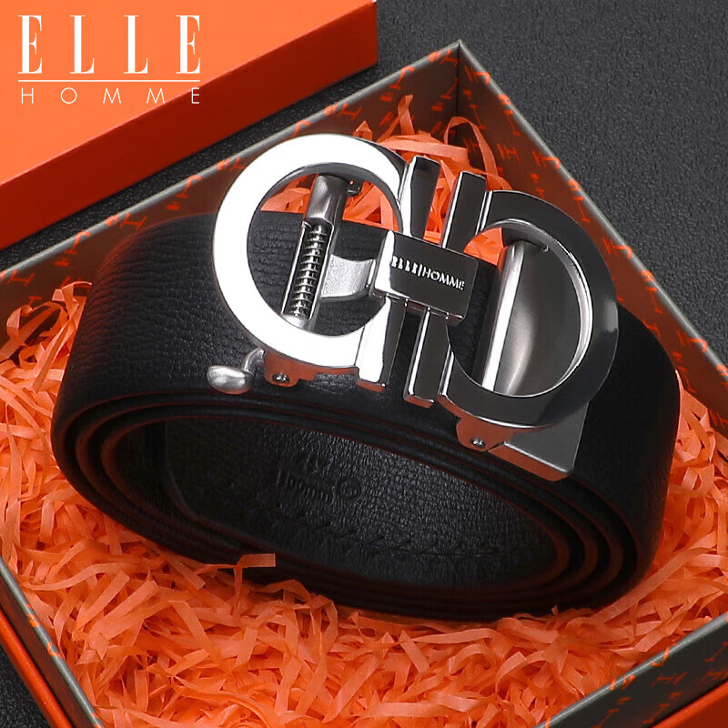 ELLE HOMME Men's Top-Grain Leather Belt, Luxury 304 Stainless Steel Buckle Automatic Waist Belt, Birthday Gift for Boyfriend