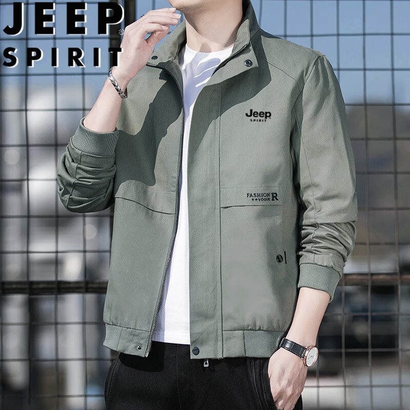JEEP SPIRIT Men's Jeep Jacket Spring Autumn Casual Business Youth Trendy Versatile Men's Outerwear Bean Green XL