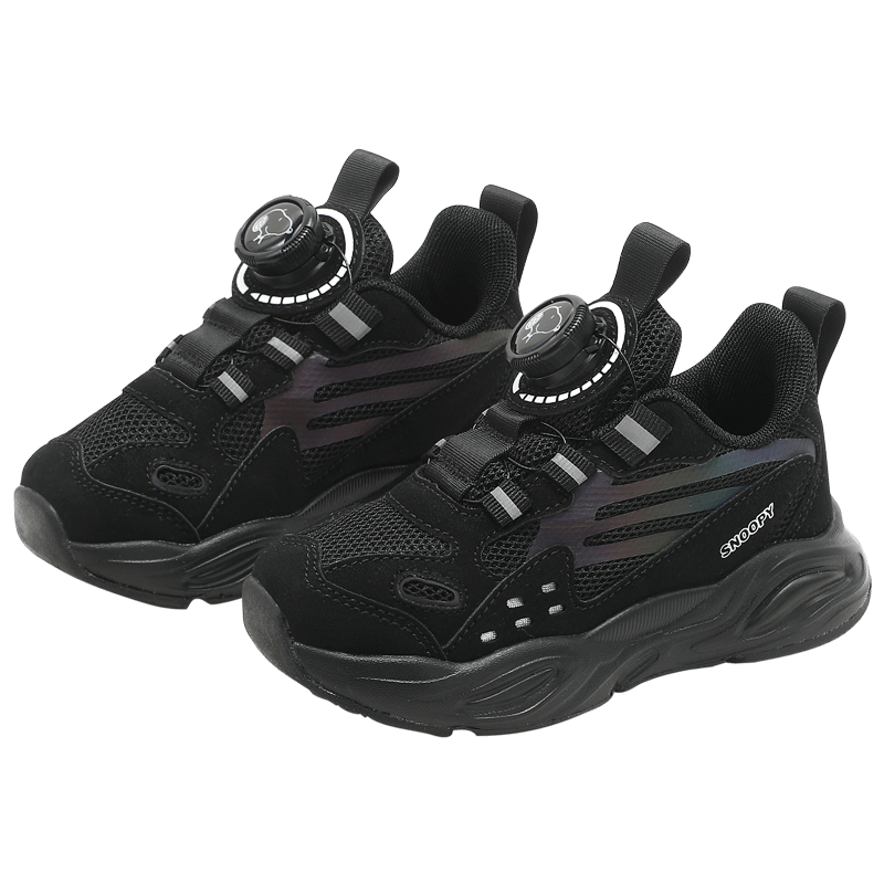 SNOOPY Boys' Sports Shoes, Children's Rotating Buckle Running Shoes, Baby Lightweight White Sneakers, 3829 Black, Size 29