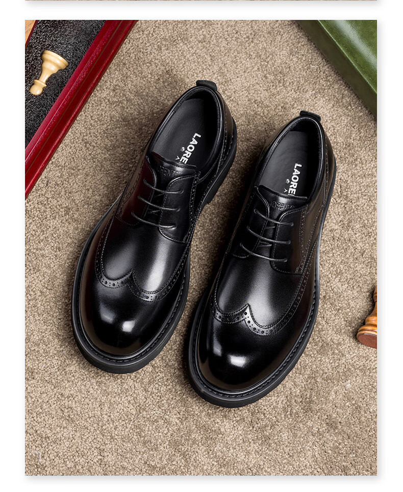 LAORENTOU Men's Leather Shoes, Business Casual Brogue Style Formal Shoes, High-Quality Brogue Brand Dress Shoes, LA11366, Black, Size 38 9