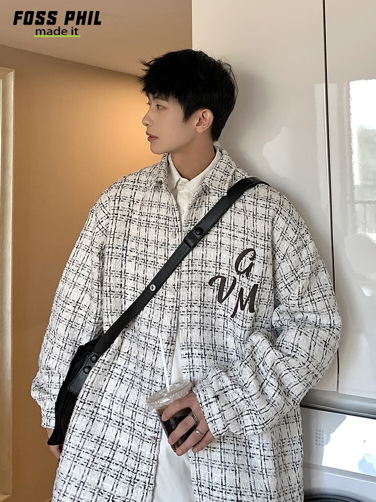 Foss Phil Men's Jacket, Spring And Autumn Fashion Brand Chanel-Style Coat, Plaid Lapel, Korean Version Loose Outerwear, FPJK10 Black M 12