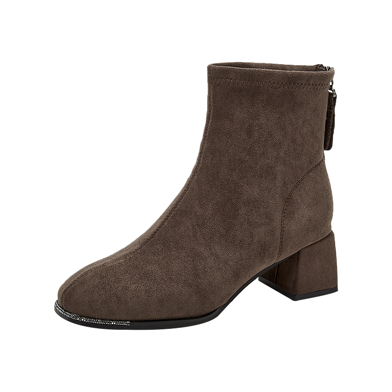 DAPHNE Suede Ankle Boots Women Chunky Mid Heels Slim Winter Fleece French Style Versatile Khaki Fleece Lined Boots Size 37