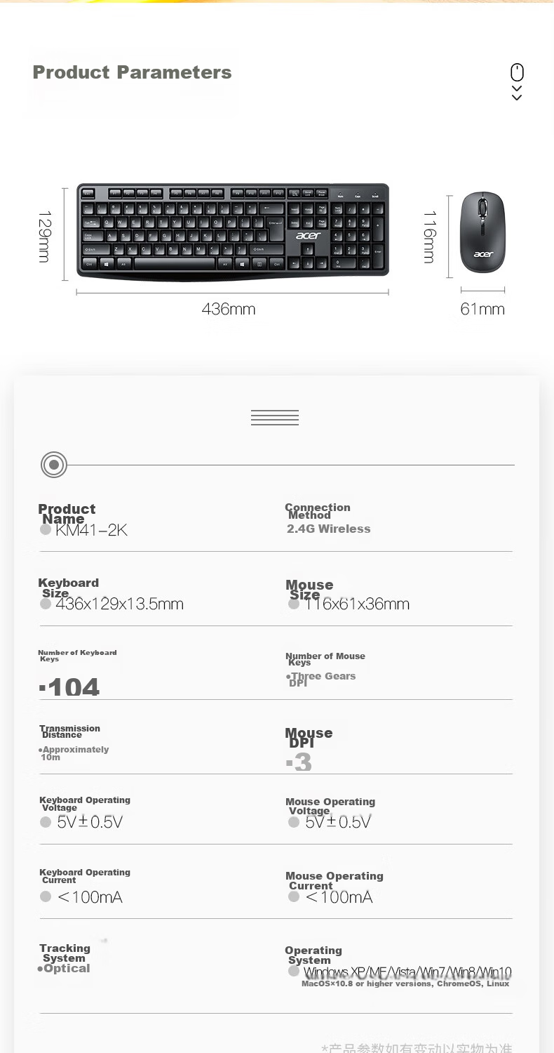 Acer Wireless Keyboard And Mouse Combo, Office Keyboard And Mouse Set, Splash-Resistant Computer Keyboard, Type-C Rechargeable Keyboard KM412 White 8