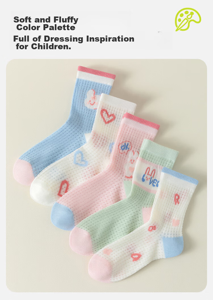 MiiOW Children's Socks, Summer Girls' Thin Mesh Cotton Socks, Skin-Friendly Breathable Antibacterial Socks for Older Children And Students, Short Socks, 5 Pairs Per Pack 17