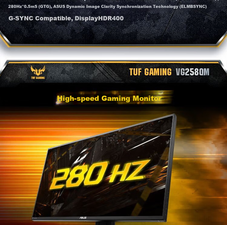 ASUS VG258QM, 24.5-Inch Monitor, Gaming Display, 240Hz Refresh Rate, Overclockable to 280Hz, HDR400, 0.5ms Gray-To Response Time 3
