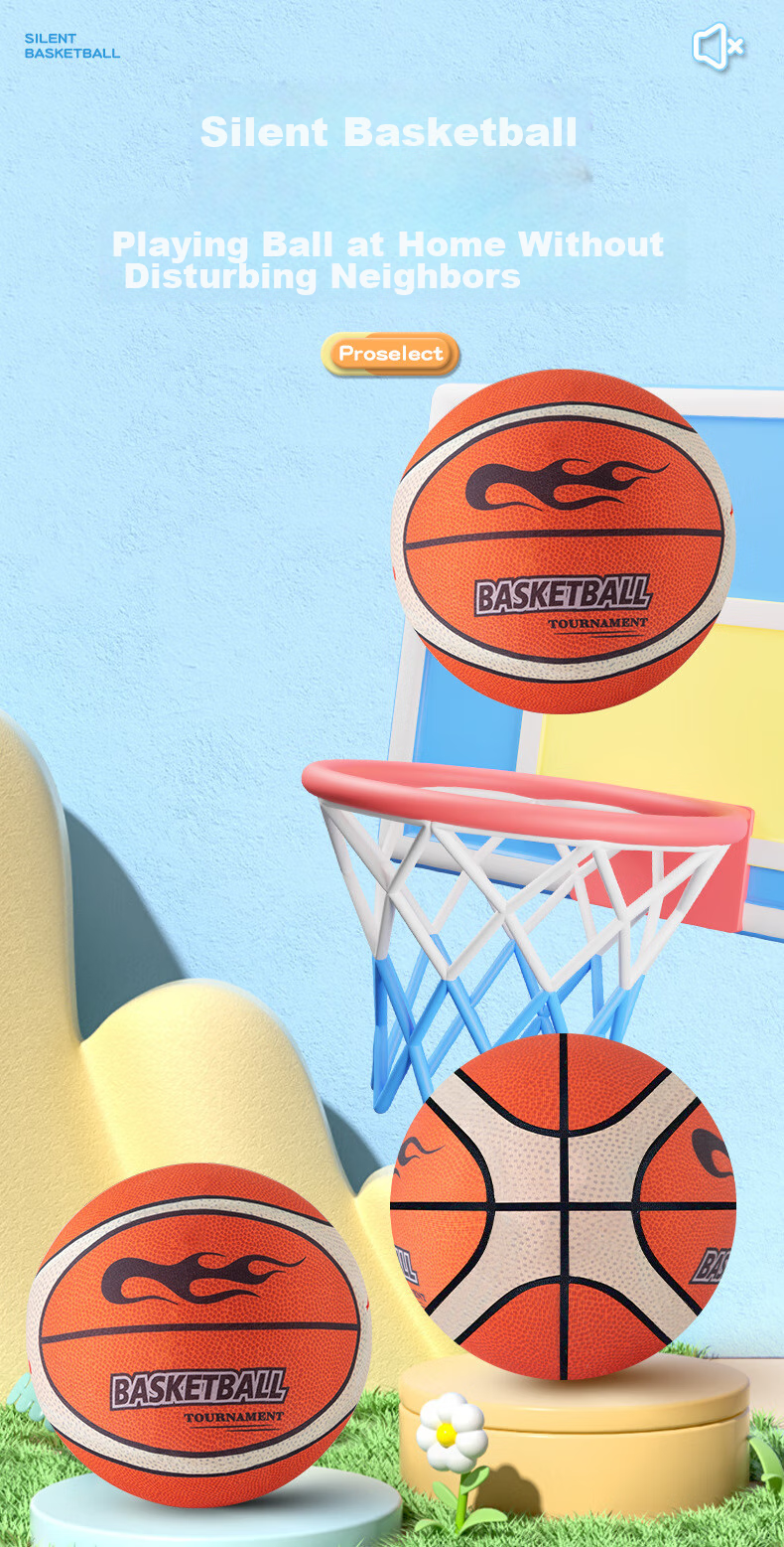 Mimeng Silent Basketball, No Dust, Size 7 Basketball, Fifth Generation, Children's Toy Ball, Indoor And Outdoor Elastic Ball, with Basket, Gift 2