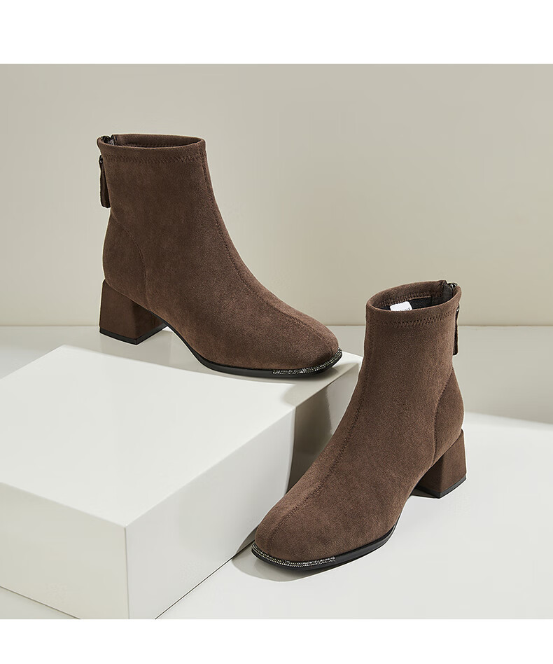 DAPHNE Suede Ankle Boots Women Chunky Mid Heels Slim Winter Fleece French Style Versatile Khaki Fleece Lined Boots Size 37 11