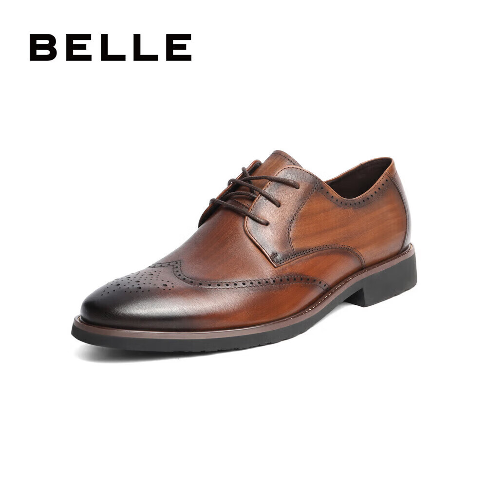 Belle Men's Shoes, Same Style As in Department Stores, Cowhide Leather Shoes, Wedding Shoes for Men, Professional Commute Business Formal Leather Shoes B3217, Brown, Size 39