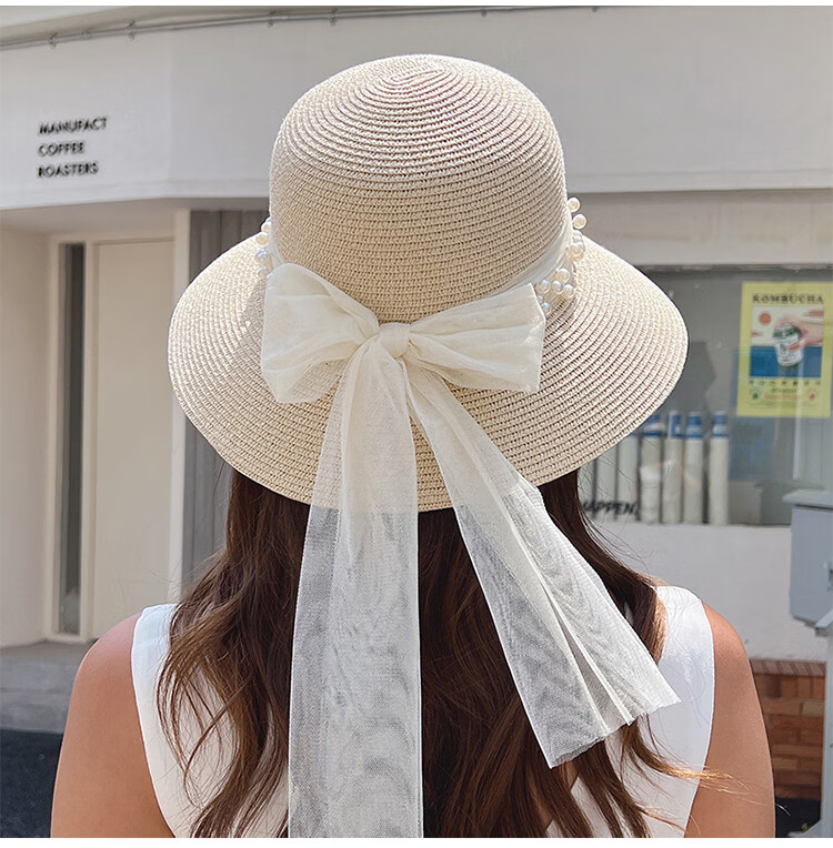 GLO-STORY Women's Sun Hat, Straw Hat for Outdoor Travel, UV Protection, Wide Brim Beach Hat with Bow, WMZ824169 16
