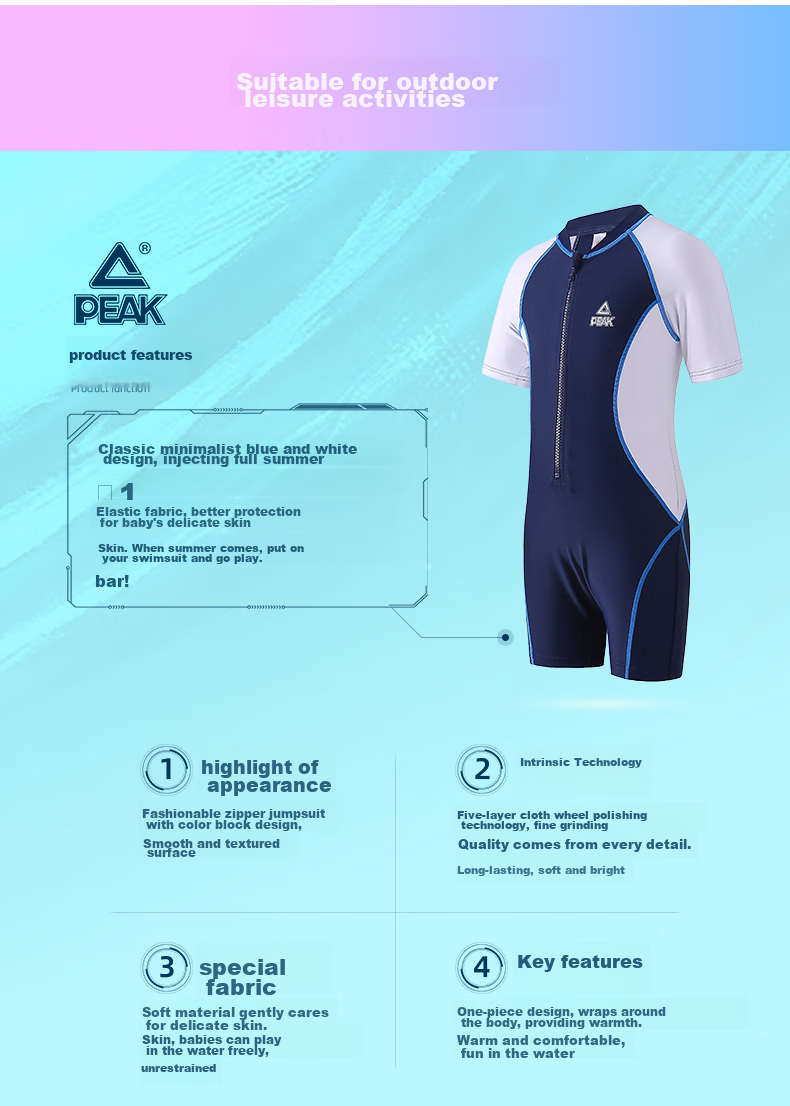 PEAK Children's Swimsuit, Boys' Student Swimwear, Baby And Older Children's One-Piece Swim Trunks, Boys' Short-Sleeve Surfing Suit Set YS11131 Blue And White 130 18