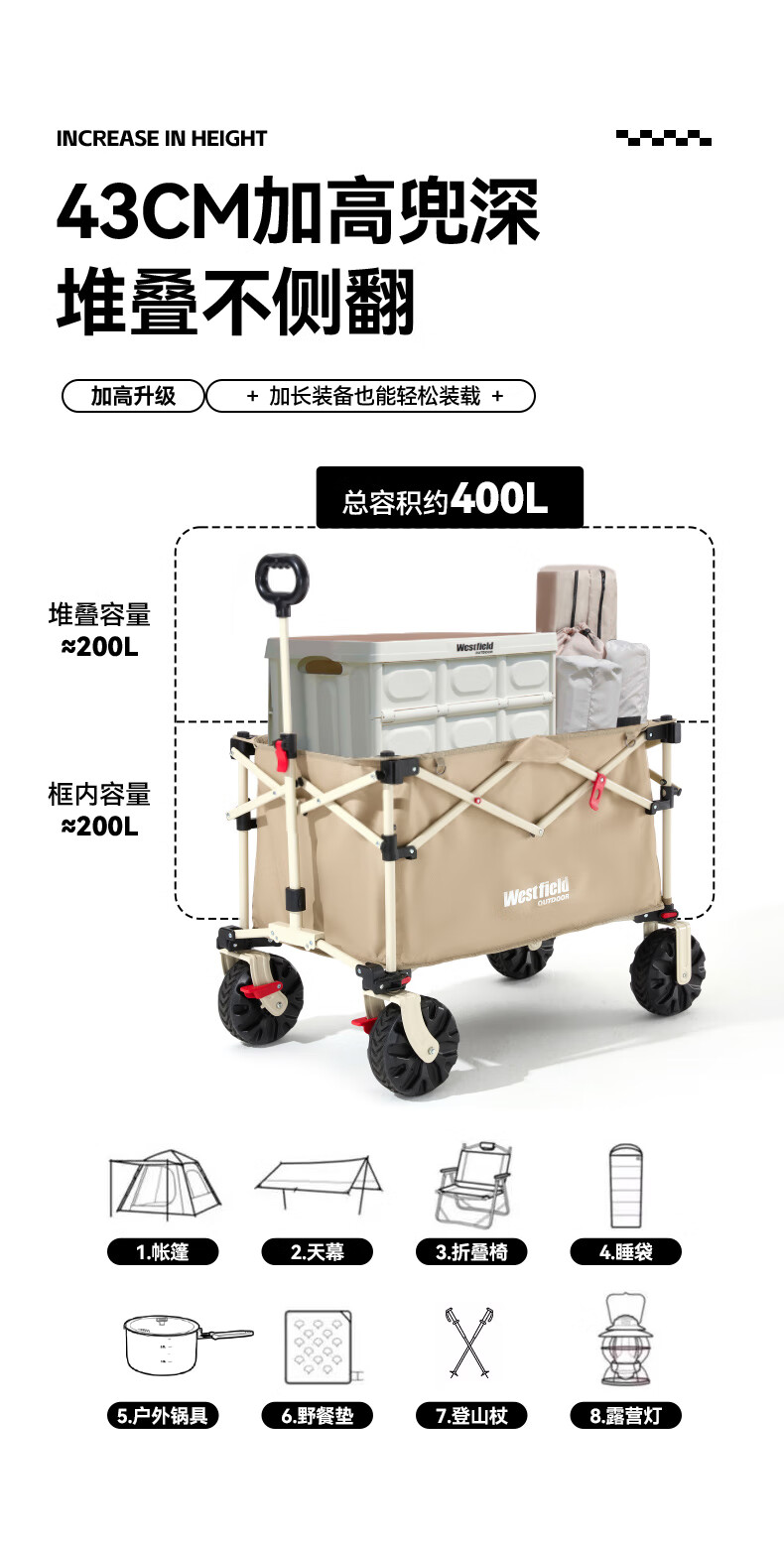 Westfieldoutdoor Folding Outdoor Camping Cart, High-Top Gathering And Heightening, Picnic Trolley, Stroller for Kids And Shopping, Pet Cart 5