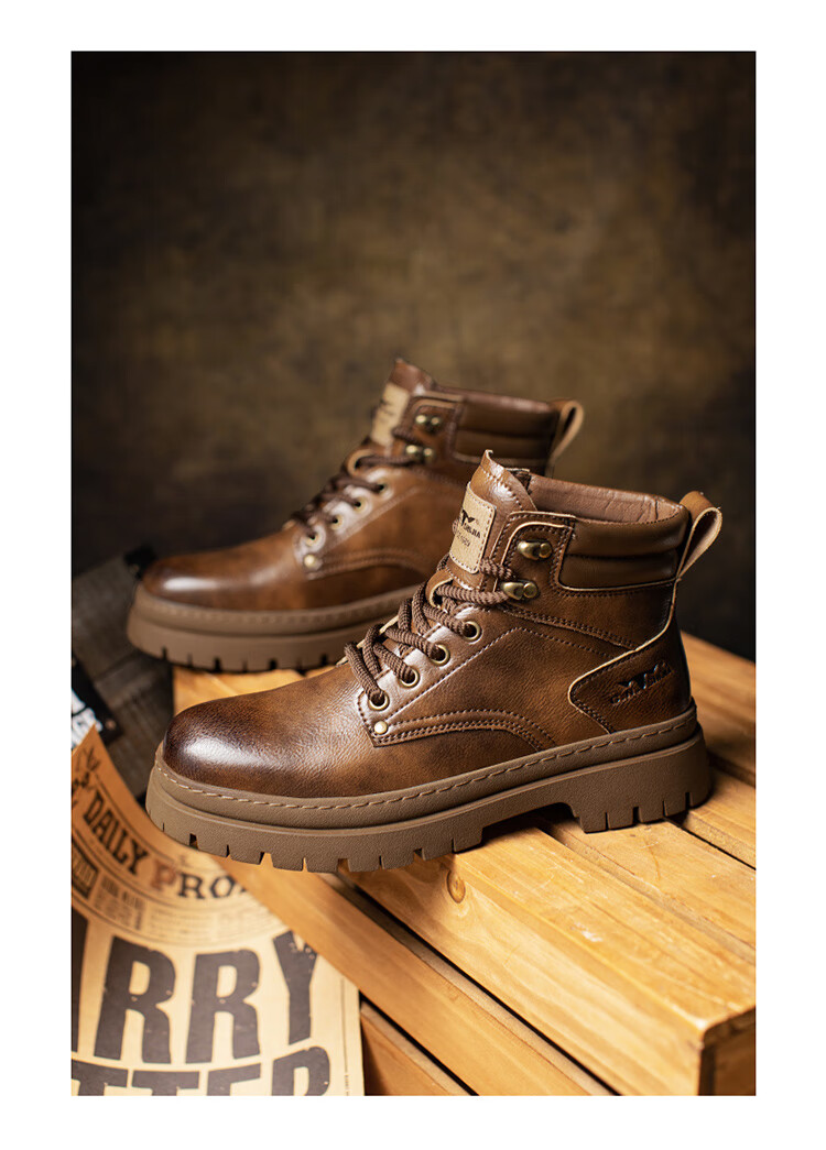 Bull Family Men's Autumn Winter Martin Boots Trendy Versatile Work Shoes Retro Durable Leather Boots for Men 5