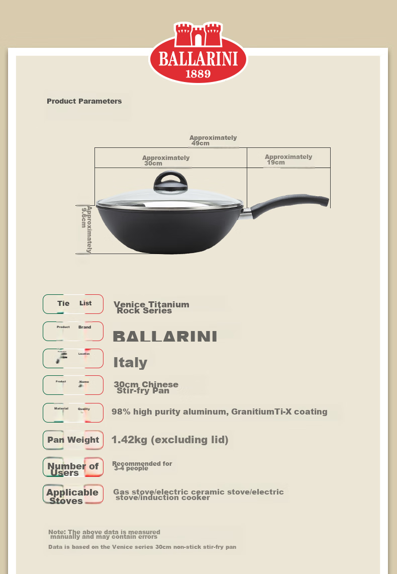 BALLARINI Non-Stick Pan with Six Cores, Titanium Imported Wok, Chinese Stir-Fry Pan, Compatible with Induction Cookers, Venice Titanium Gold Rock 30cm 12