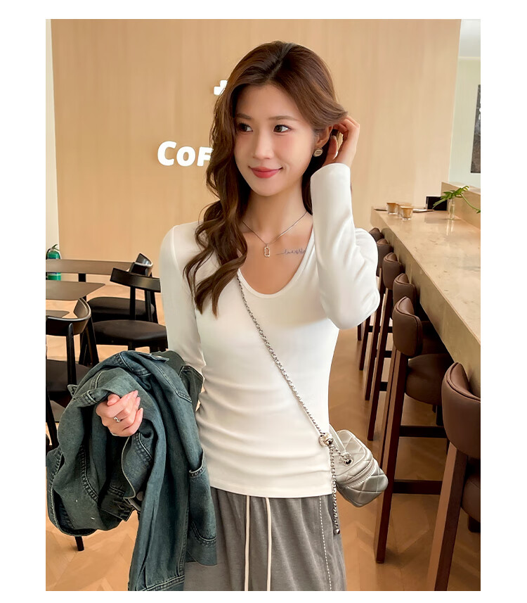 Zhuomuniao Autumn And Winter New Women's Long-Sleeve T-Shirt, Thick Fleece, Small U-Neck, Slim-Fit Top, Black, S 5