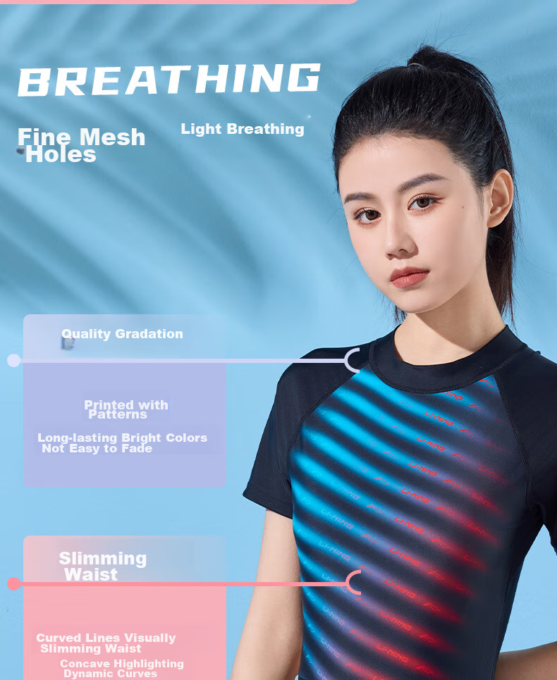 Li-Ning One-Piece Swimsuit for Women, Boyshort Style, Shaping Waist, Fashionable Gradient Color, High Elasticity, Breathable, Hot Spring Resort Swimwear, 481 Red And Blue, Size L 4