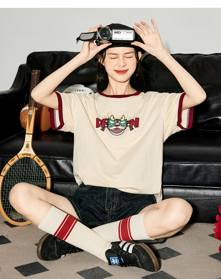 TonLion 2024 Short-Sleeve T-Shirt for Women, Loose-Fitting Top, Year of The Dragon Zodiac Year Inner Wear Tee, Apricot Color, Size S 7