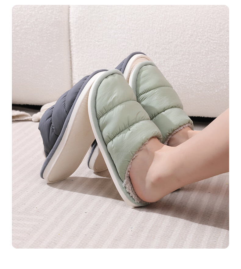 FOOTOPPO Women's Waterproof Down Cotton Slippers, Men's Simple Non-Slip Thick-Soled Warm Fleece Home Slippers for Winter 11