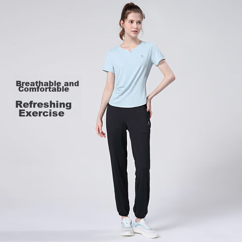 CAMEL Women's Sportswear Set, New Running Yoga Fitness Short-Sleeve Long Pants, Elastic Two-Piece Casual Athletic Outfit