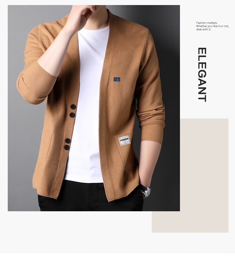 Hengyuanxiang Men's Knitted Cardigan Sweater Jacket Trendy Youth Pocket Shawl HJ172 Black 170/88A 2