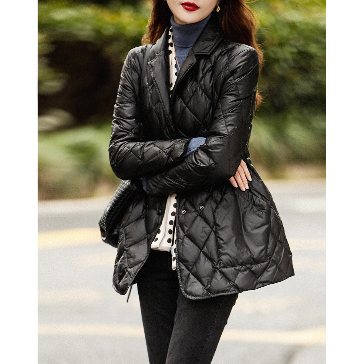 Dme [Diamond Pattern Short down Jacket] Winter Commute Lapel Drawstring Waist-Cinching Diamond Pattern Suit-Style down Jacket for Women, Short Style