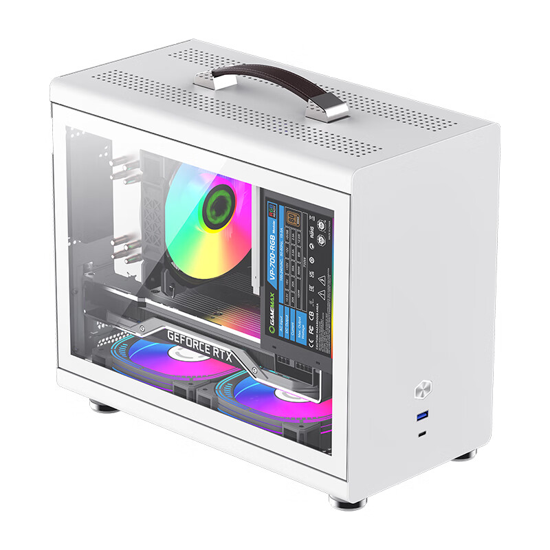 GAMEMAX Spark Mini ITX Tower PC Case Black Typc-C (0.8mm Side Window Portable Small Steel Cannon ATX Power Supply) White