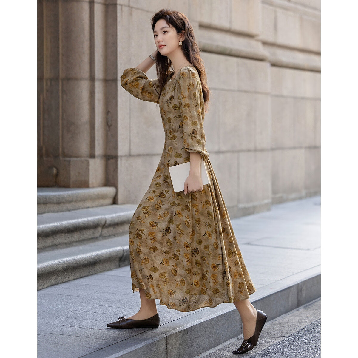 Dme [Retro Garden] Autumn French Floral Waist-Cinching X-Shaped Elegant Petite Adjustable Belt Dress for Wome