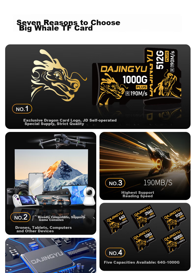 DAJINGYU, Big Whale TF Card (Micro SD), 64GB, DJI Pocket 3/4 Memory Card, Action 5 Sports Camera Storage Card, Compatible with Drones And Game Consoles 3