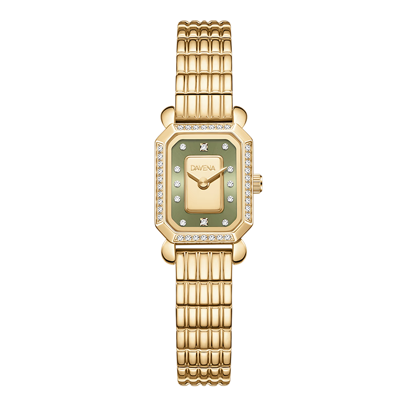 Davena Small Gold Brick Watch for Women, Small Dial Luxury Niche Birthday Gift for Girlfriend, Gold with Green Face