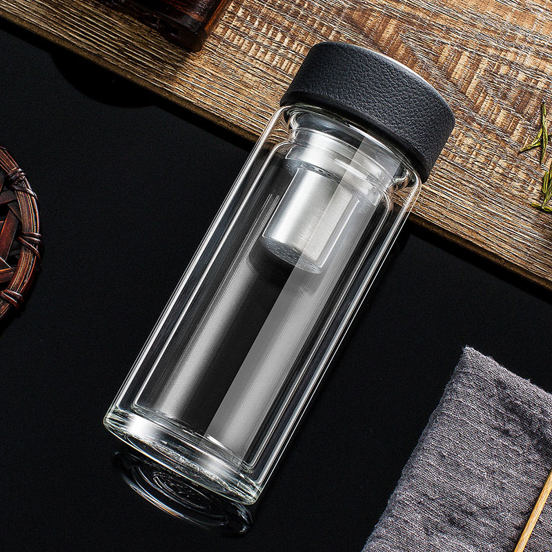 WANXIANG Double-Walled Glass Cup, Classic Leather Texture V21RL, Business Office Gift Box, Tea Cup, 480ML Large Capacity, Home Water Cup