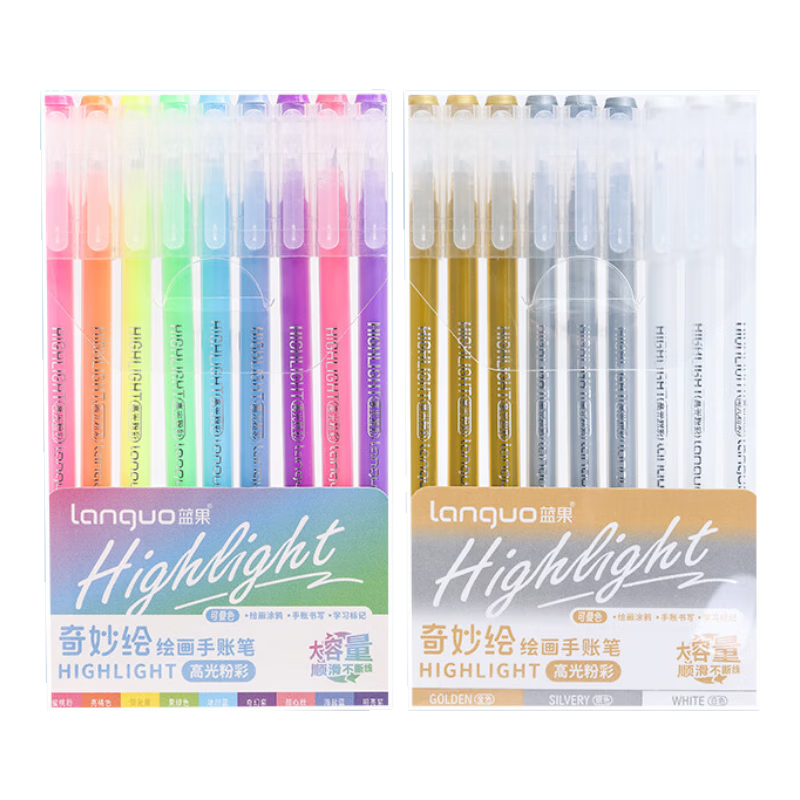 Languo Highlighters, Journal Pens Set with Flashing Effects, Gel Pens for Drawing And Note-Taking, Large Capacity, Highlighter Pink + Highlighter Pink (Gold Silver White), 12 Colors, LG-D05