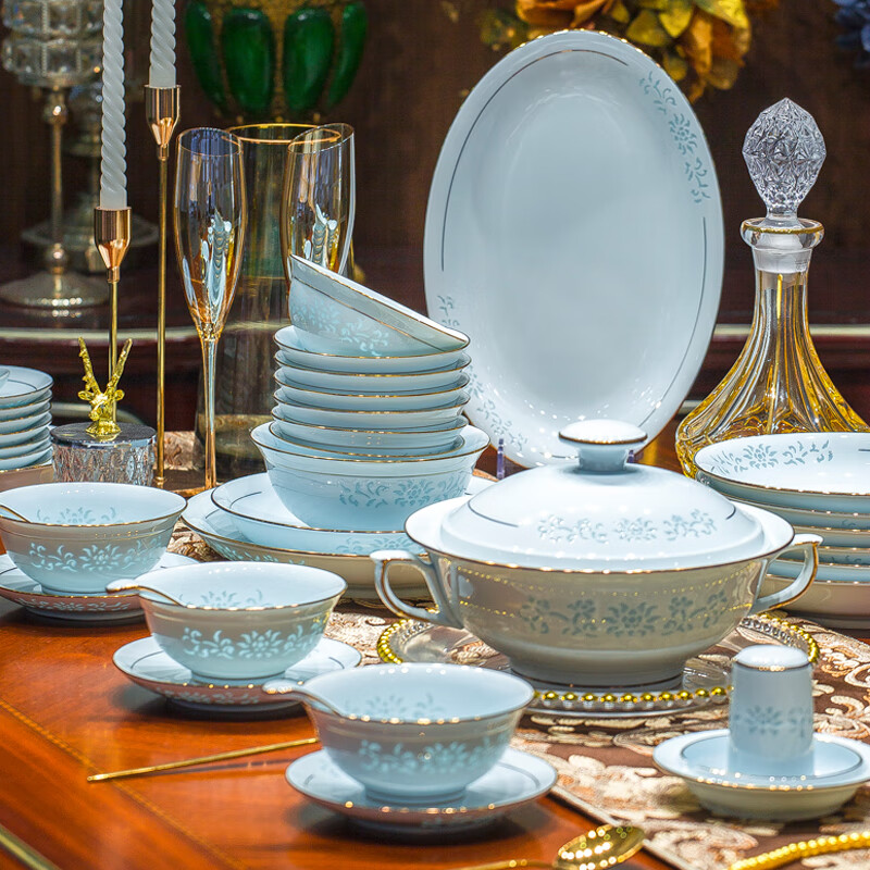 Guanpo New Gold-Rimmed Jingdezhen Underglaze Celadon Porcelain Delicate Bowl And Plate Set, Bone China Tableware Set for Home Use, Gift-Giving