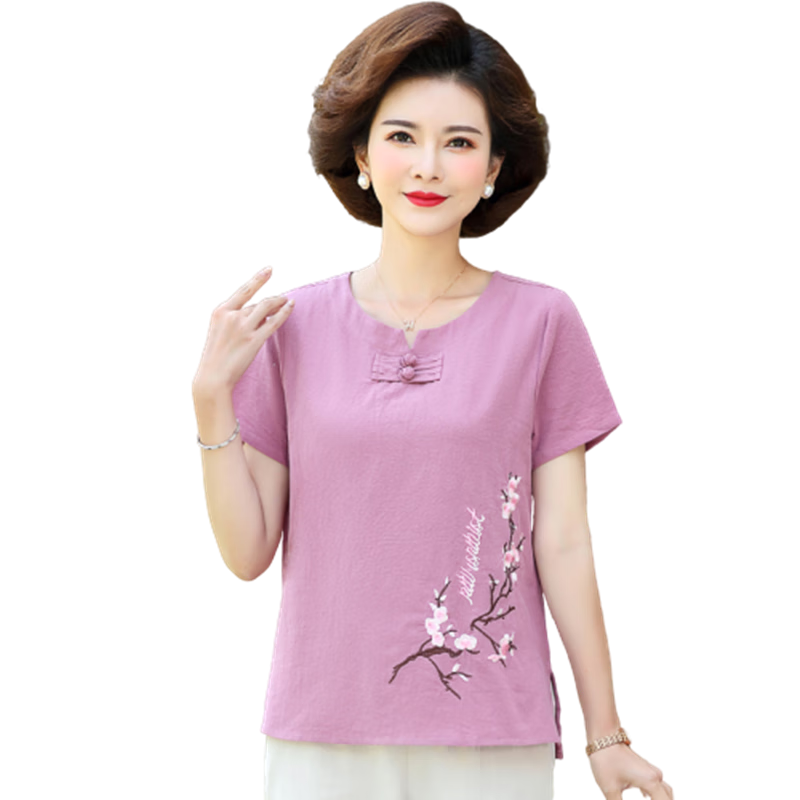 Hengyuanxiang Middle-aged Mom Summer Cotton Embroidered Short Sleeve T-shirt Casual Homewear Cotton Linen Women's Clothing for Middle-aged and Elderly