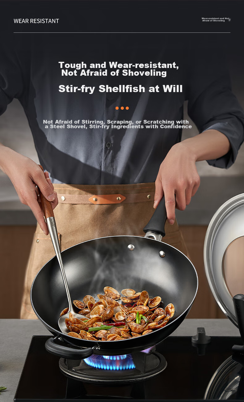 ASD Wok Cast Iron Pan Stainless Steel Non-Coated Whirlwind Bottom Stir-Fry Pan 32cm Compatible with Gas And Induction Stoves CF32Z1WG 12