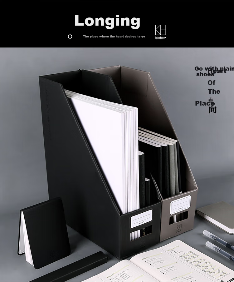 Kinbor A4 File Box, Corrugated Cardboard Document Organizer, Office Desk Storage Box, Vertical Bookshelf with Free Labels / Heart's Direction Gray DT53122 2